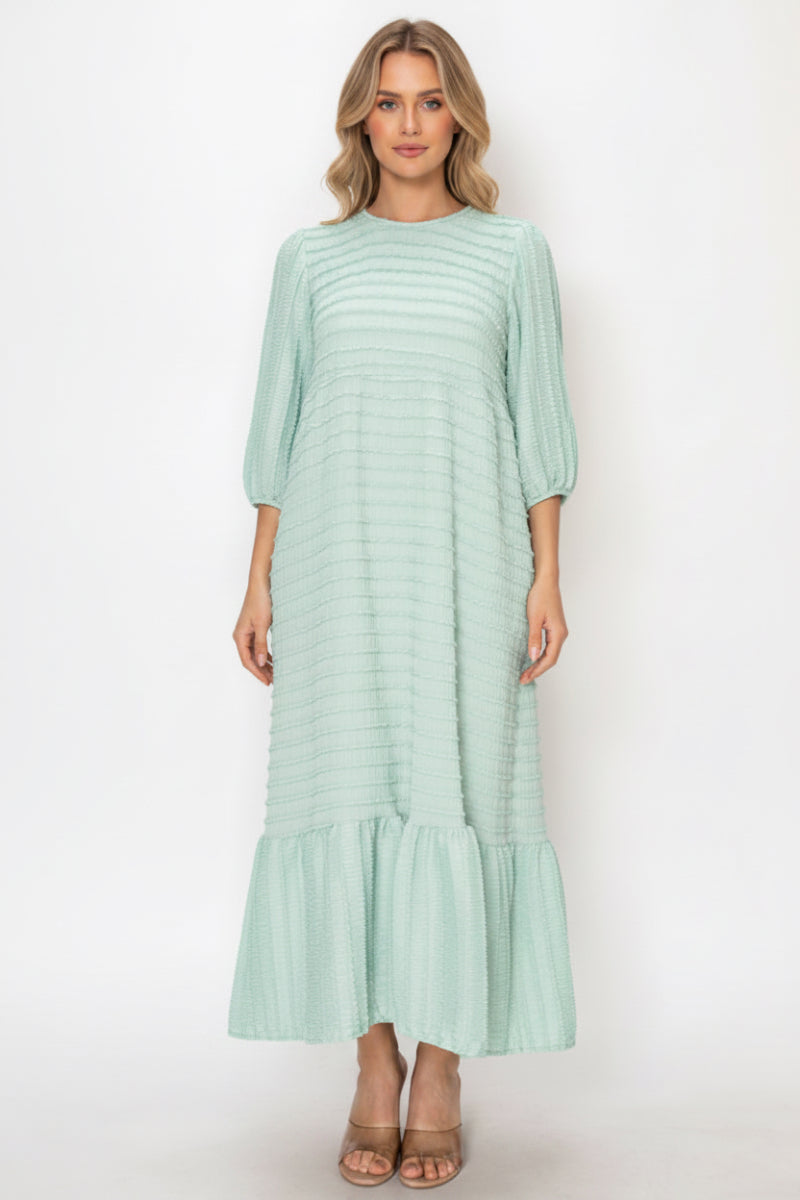 TEXTURED MIDI DRESS WITH 3/4 BALLOON SLEEVES
