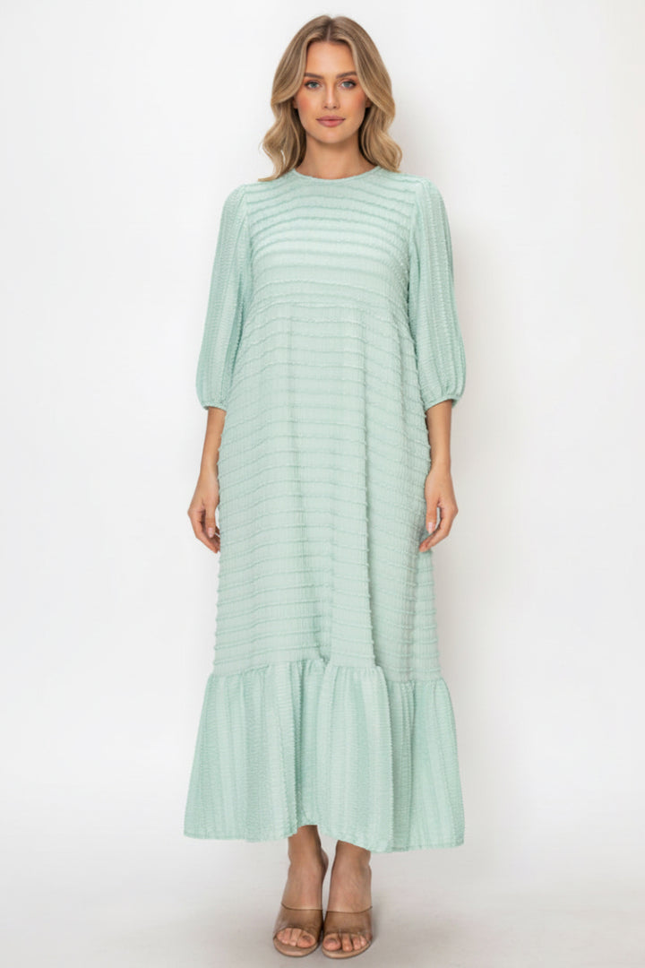 TEXTURED MIDI DRESS WITH 3/4 BALLOON SLEEVES