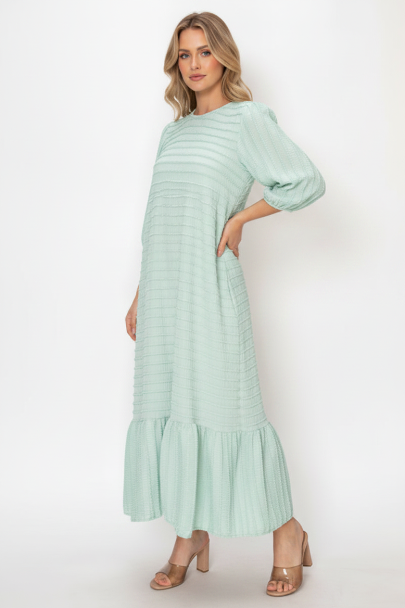TEXTURED MIDI DRESS WITH 3/4 BALLOON SLEEVES