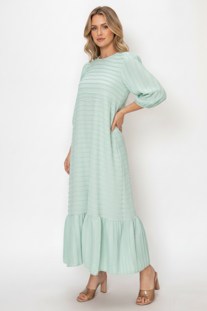 TEXTURED MIDI DRESS WITH 3/4 BALLOON SLEEVES