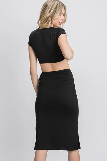 CROP TOP & SIDE SLIT ELASTIC WAIST SKIRT KNIT SET IN2028M *