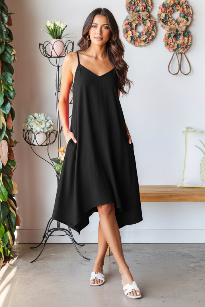SLEEVELESS SPAGHETTI STRAP V NECK SOLID MIDI DRESS HMED6782-11