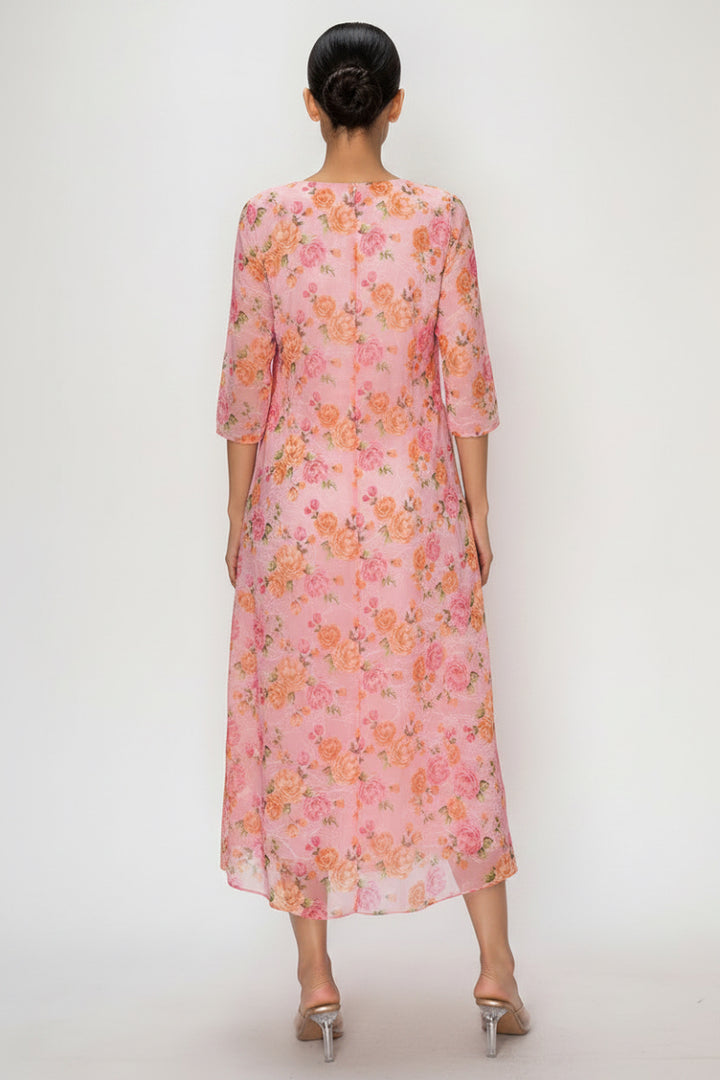 FLORAL LACE, DESIGNED WITH A MODEST ROUND NECK MIDI DRESS