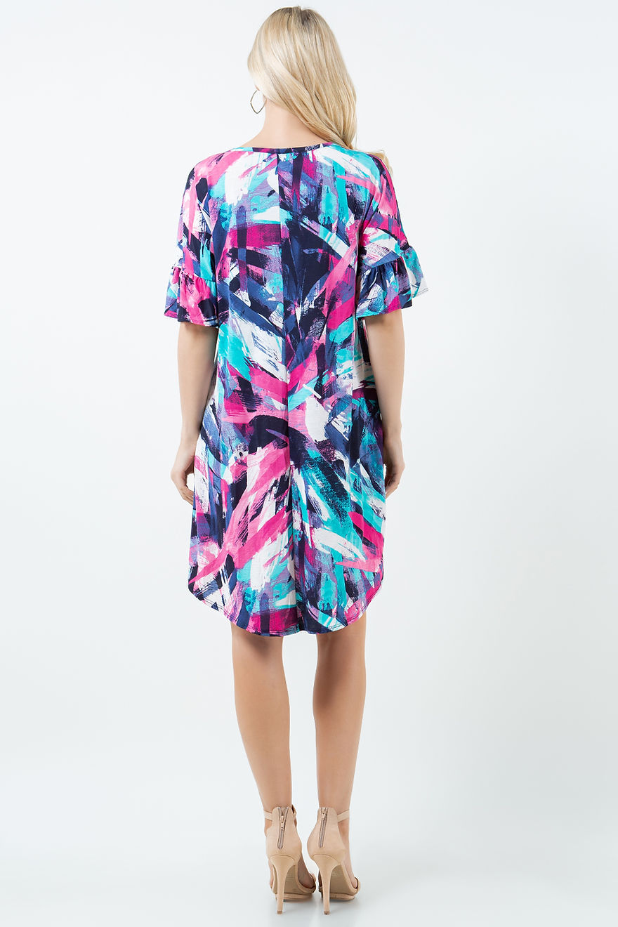 MULTICOLOR ABSTRACT SWING RUFFLED W/ POCKETS MINI DRESS-SHVC39644