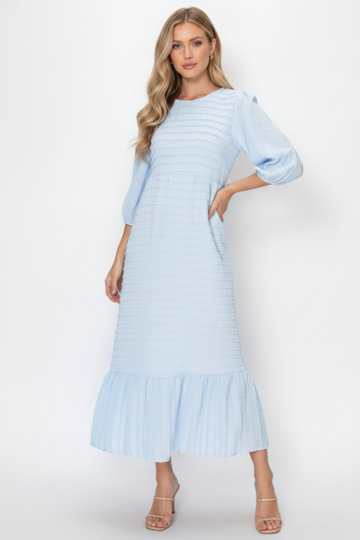 TEXTURED MIDI DRESS WITH 3/4 BALLOON SLEEVES