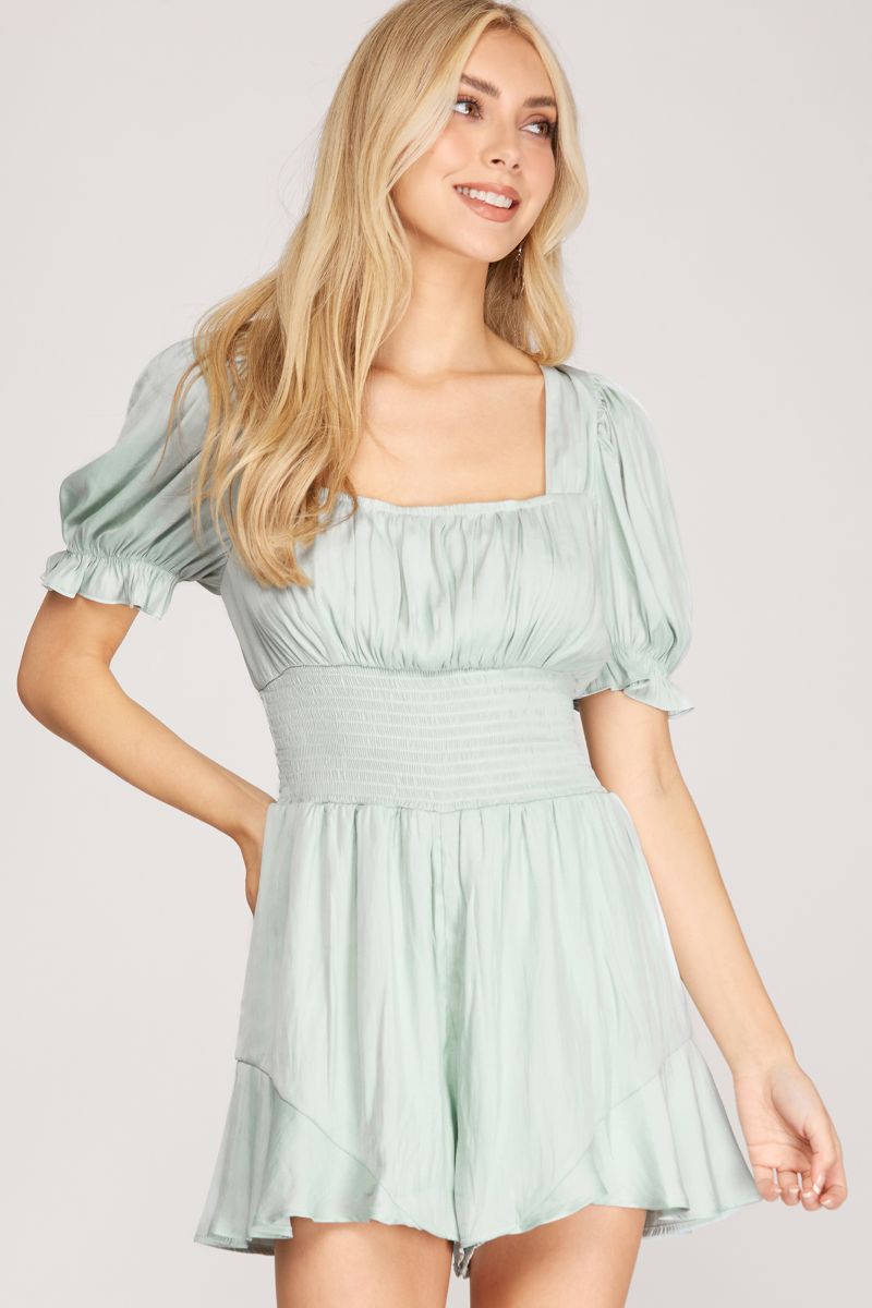 ROSE SMOCKED WAIST SHORT SLEEVES WOVEN ROMPER SKSS9542