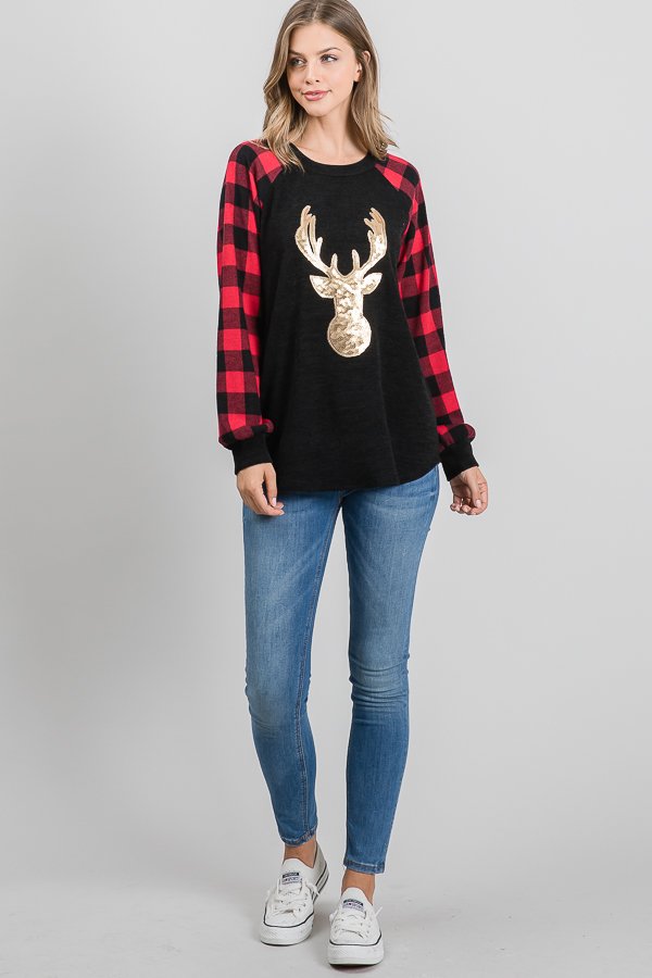 PLAID PRINT CONTRAST TOP WITH REINDEER SEQUINS DETAIL PLUS SIZE