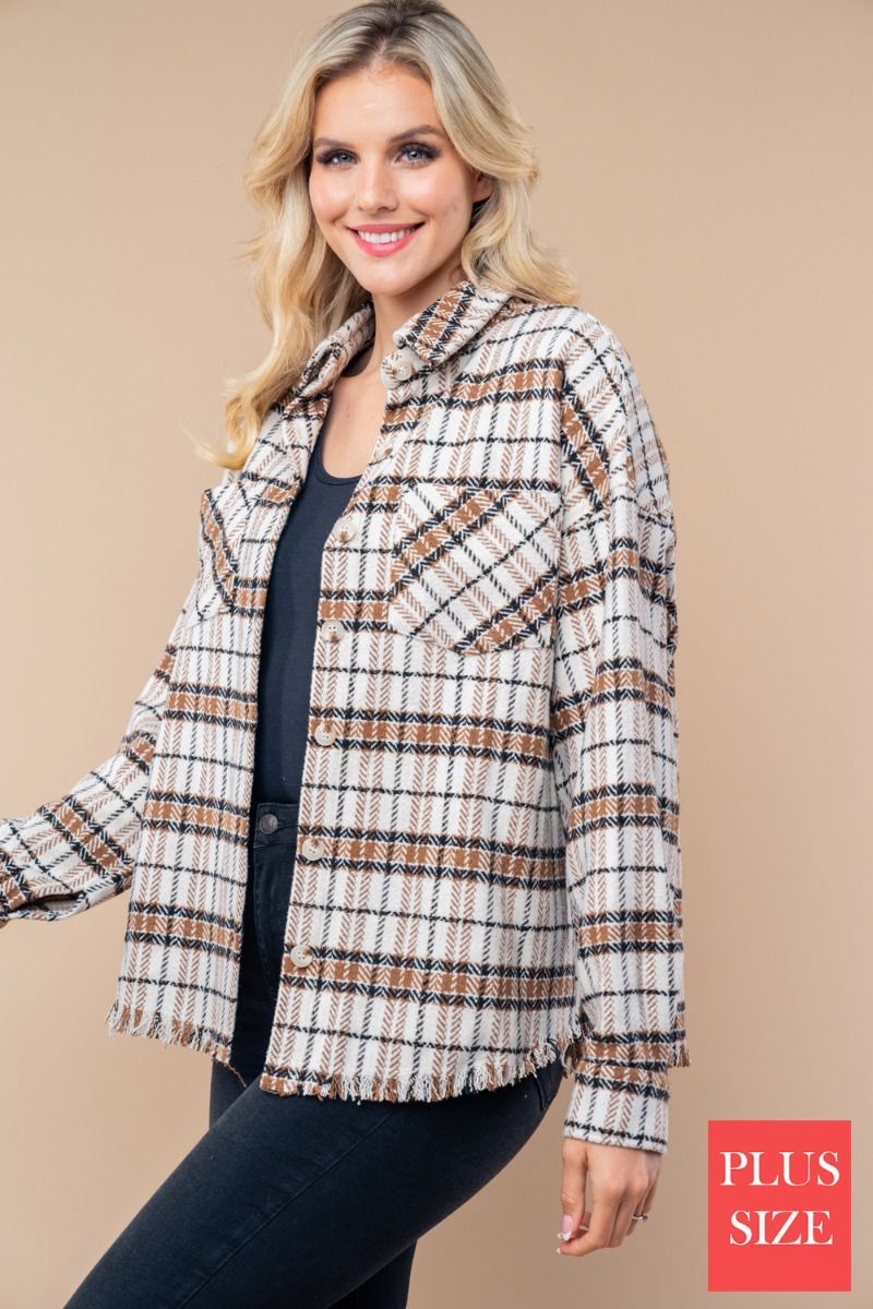 BUTTON DONE PLUS SIZE PLAID WOVEN SHACKET