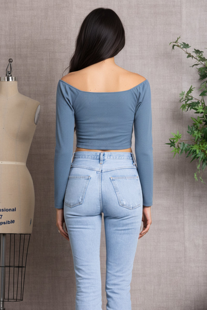 SPRUCE  RIBBED LONG SLEEVES V-CUT HEMLINE  CROP TOP-L7328