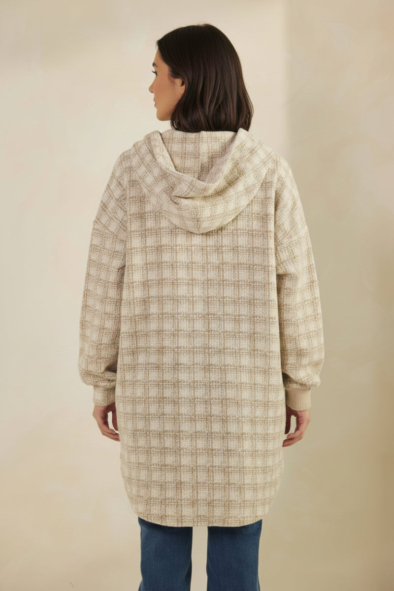LONG PUFF SLEEVE CHECKER BOUCLE FABRIC BUTTON DOWN CARDIGAN