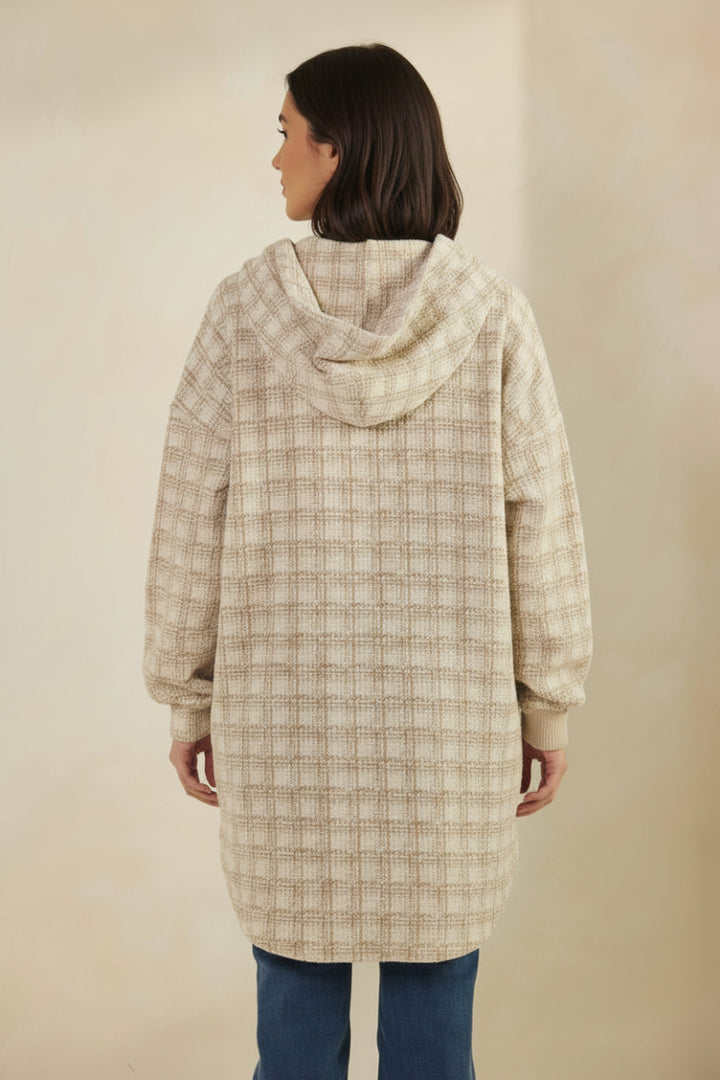 LONG PUFF SLEEVE CHECKER BOUCLE FABRIC BUTTON DOWN CARDIGAN