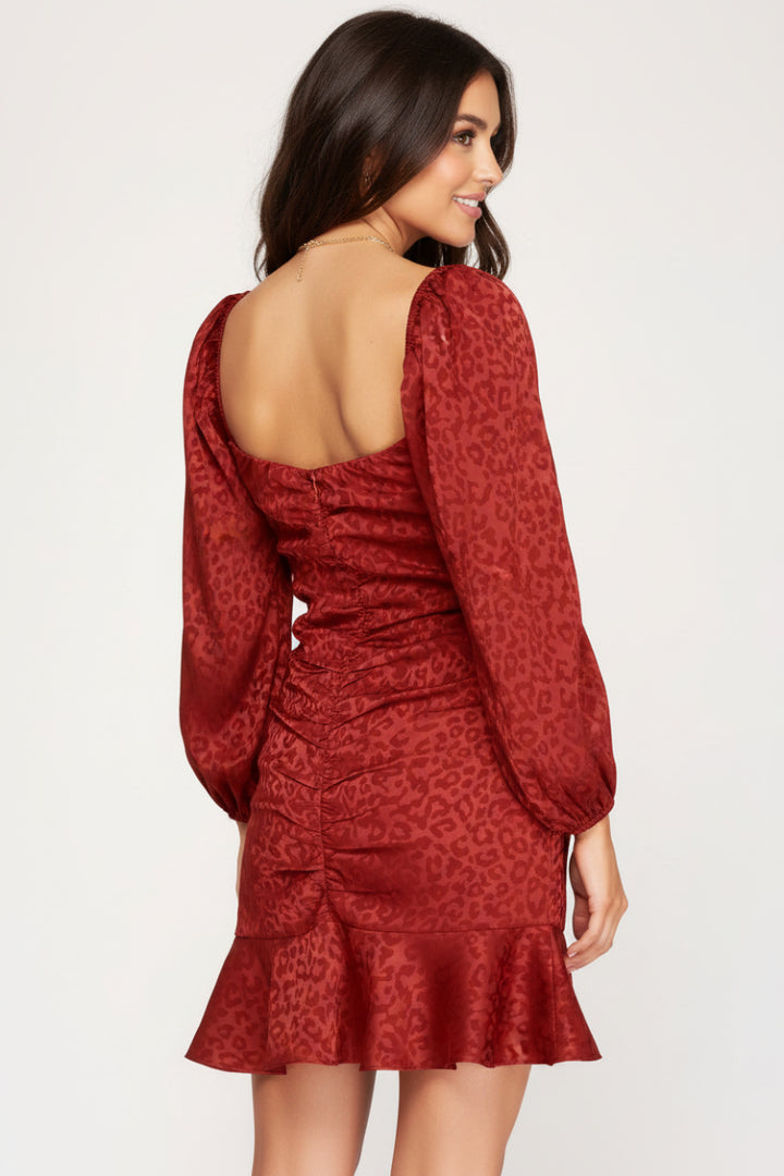 3/4 SLEEVES JACQUARD SARUN RUFFLED MINI DRESS SKSS7576