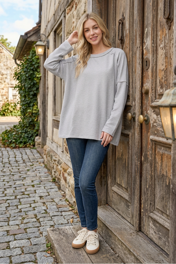 LONG SLEEVE ROUND NECK SOLID CUTTON FRENCH TERRY TOP-HMET7690-14