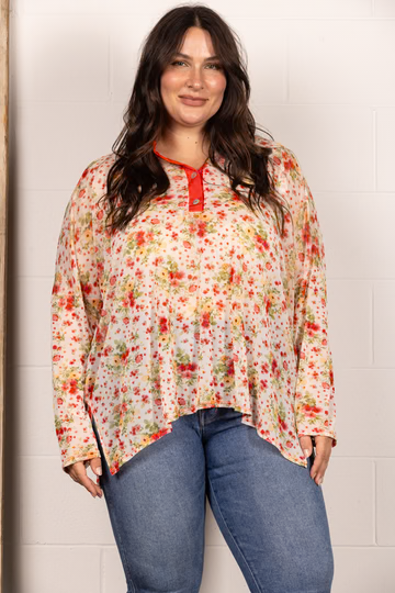 BROWN MANDARIN COLLAR FLORAL PRINT PLUS SIZE TOP T7538