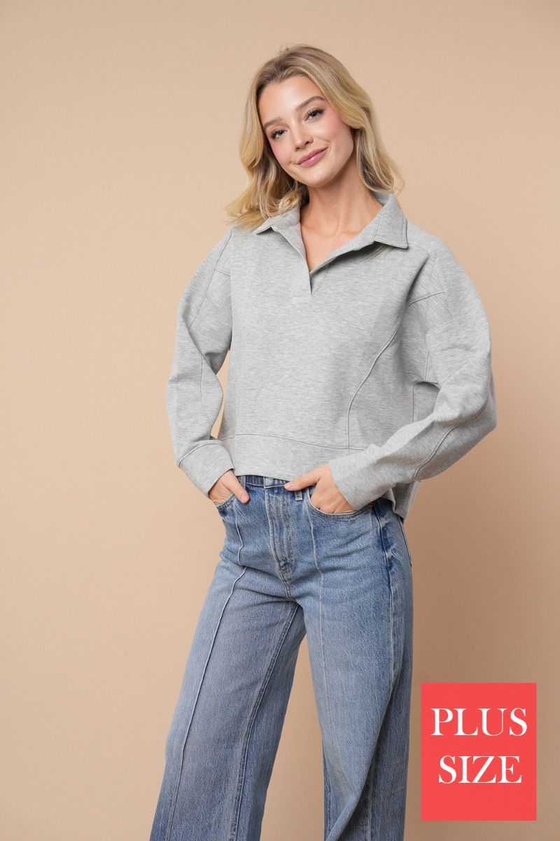 LONG SLEEVE PLUS SIZE SOLID KNIT COLLAR FEATURING TOP