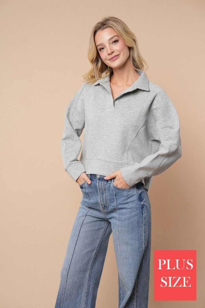 LONG SLEEVE PLUS SIZE SOLID KNIT COLLAR FEATURING TOP