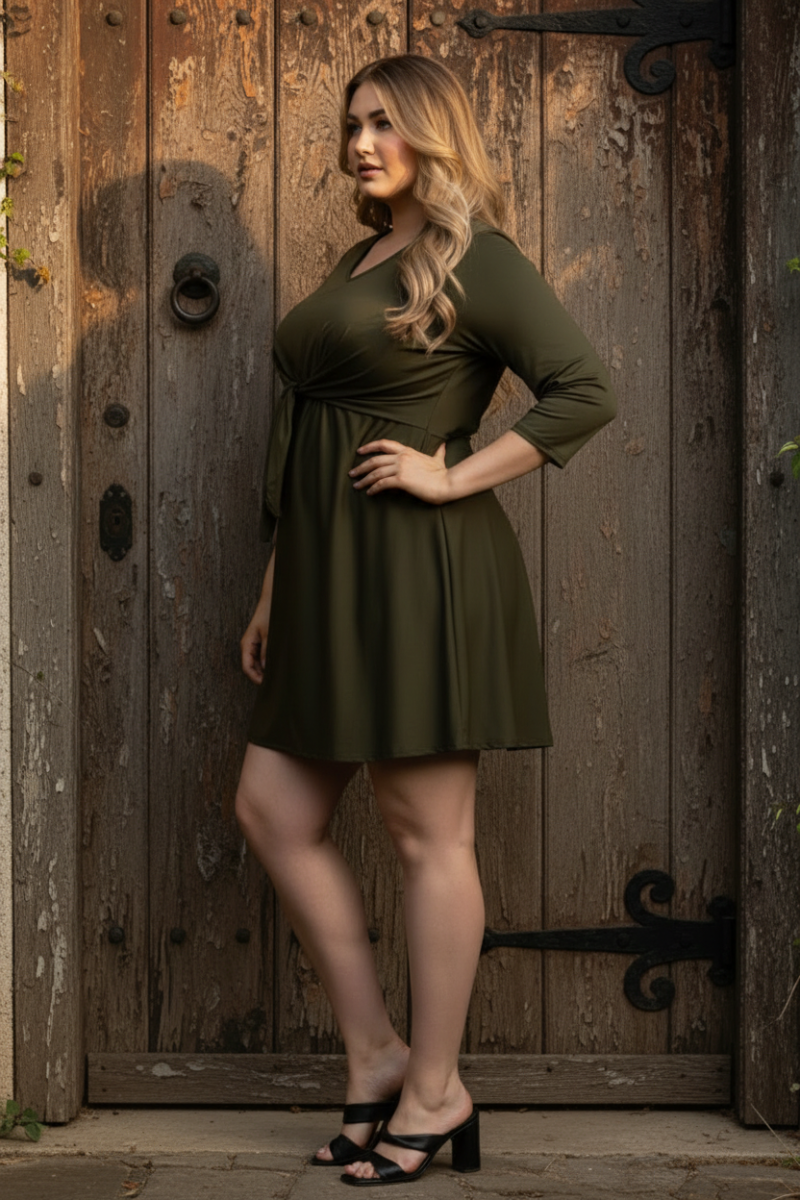 SELF-TIE FRONT LONG SLEEVES PLUS SIZE MINI DRESS D1060