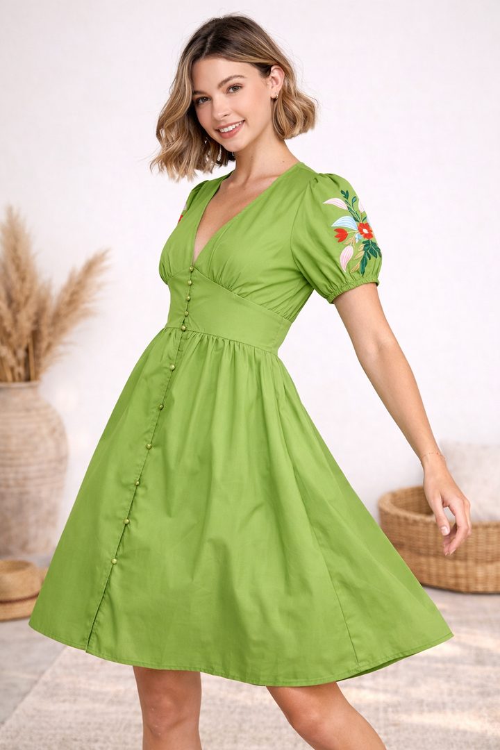 MIDI BUTTON DOWN DRESS WITH EMBROIDERED SLEEVES