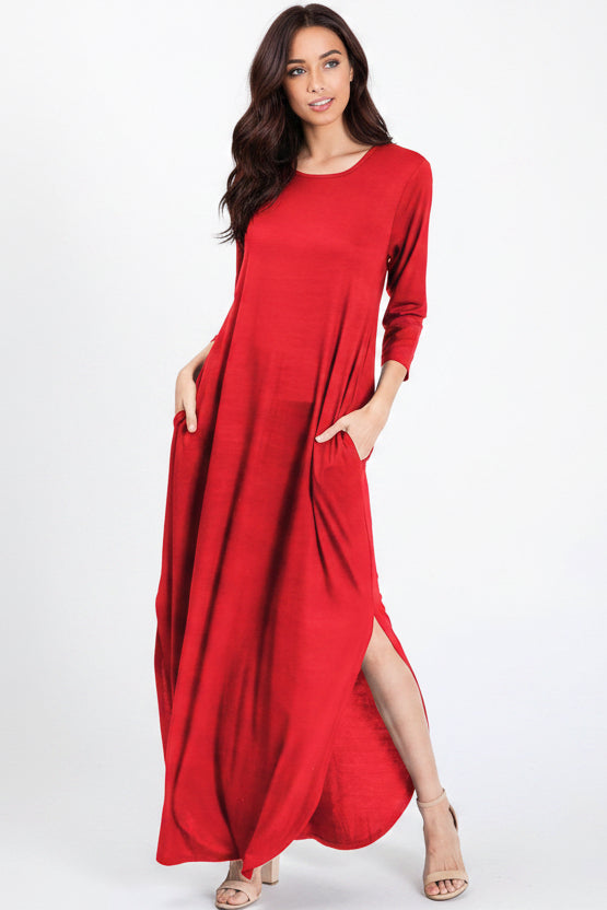 THREE QUARTER SLEEVE ROUND NECK SOLID MAXI DRESS