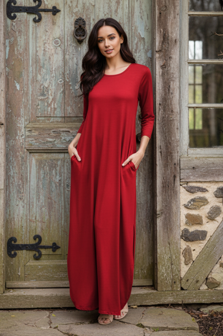 THREE QUARTER SLEEVE ROUND NECK SOLID MAXI DRESS