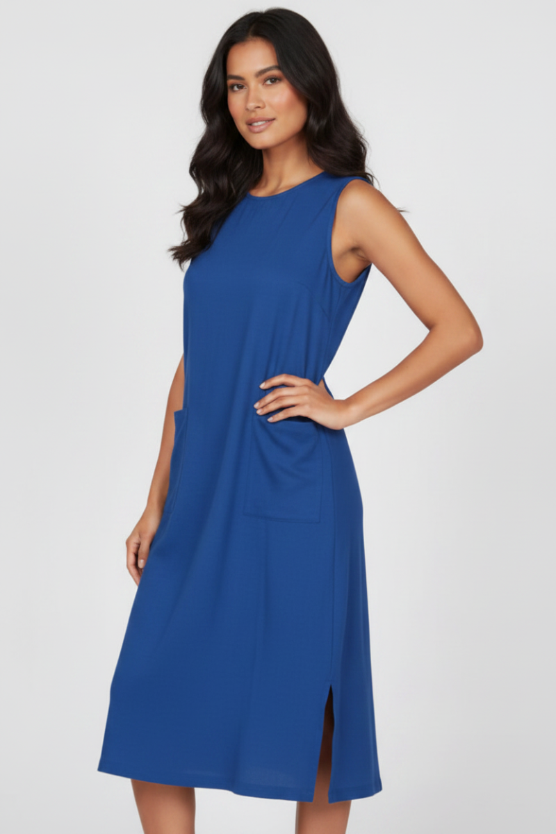 FUCHSIA SLEEVELESS FRONT PATCH POCKETS MIDI DRESS HMD1055