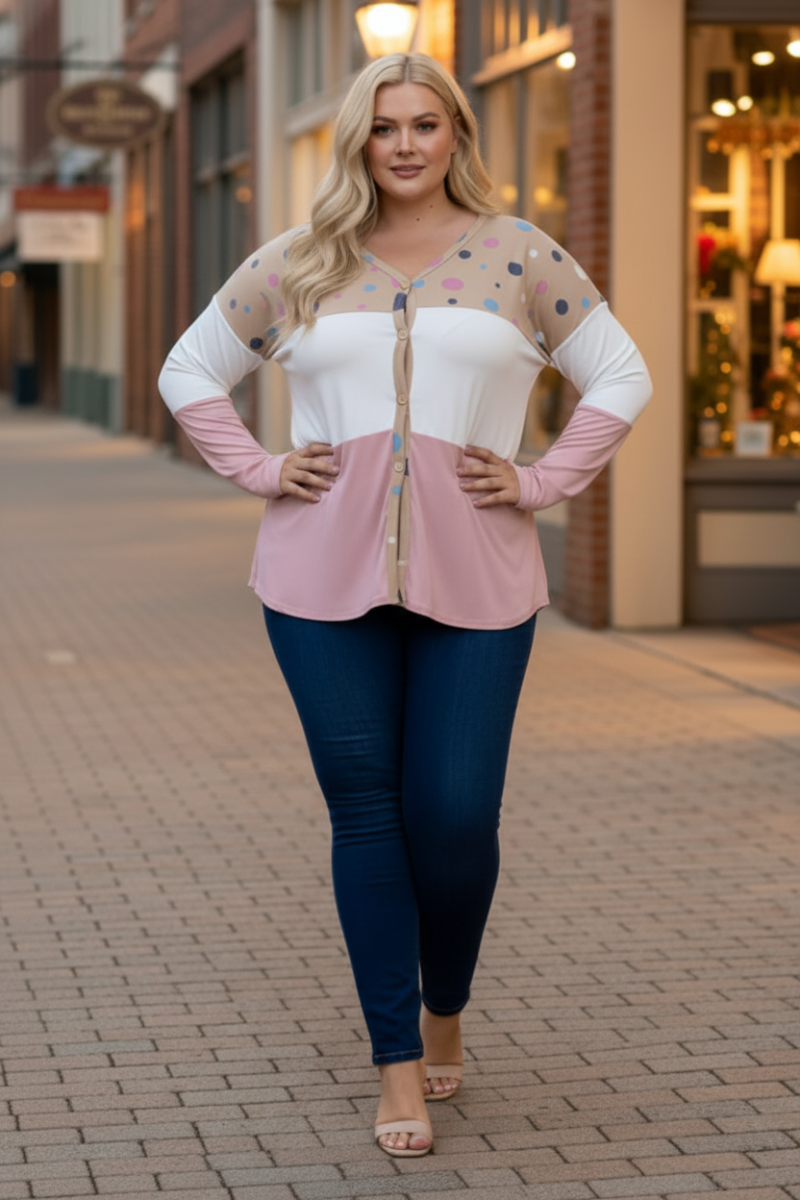 POLKADOT COLOR BLOCK BUTTON DOWN PLUS SIZE SWEATER-CT43590DX-