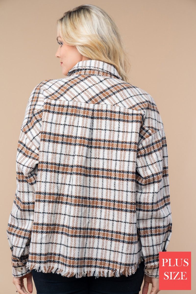 BUTTON DONE PLUS SIZE PLAID WOVEN SHACKET