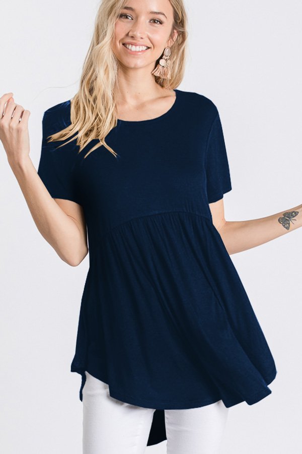 NAVY SHORT SLEEVES BABYDOLL TUNIC TOP HMST1518S