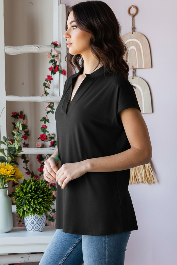 SHORT SLEEVE BASIC MANDARIN COLLAR NECK SOLID TOP-HMET7033S
