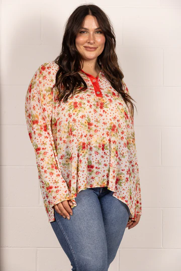 BROWN MANDARIN COLLAR FLORAL PRINT PLUS SIZE TOP T7538