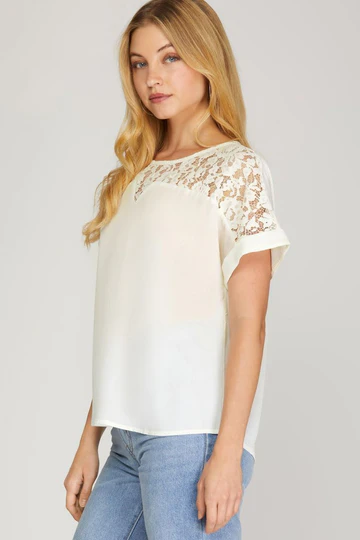 DROP SHOULDER LACE CONTRAST WOVEN TOP