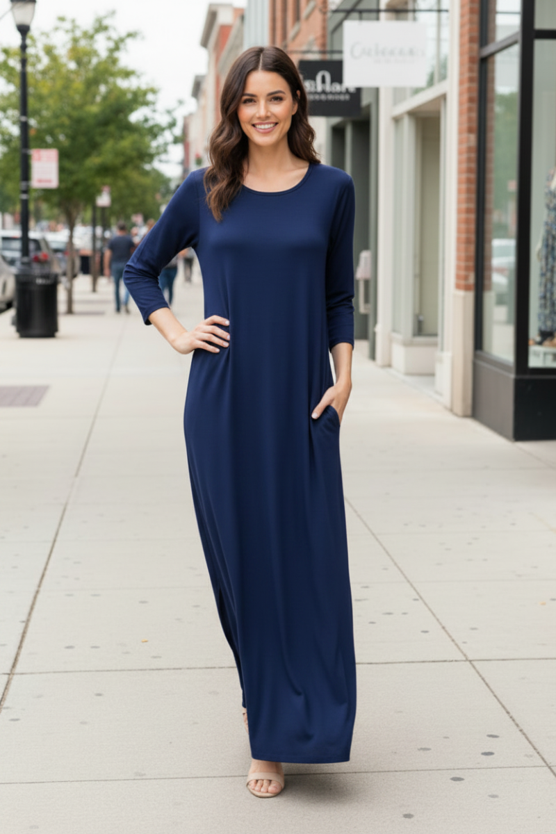 THREE QUARTER SLEEVE ROUND NECK SOLID MAXI DRESS