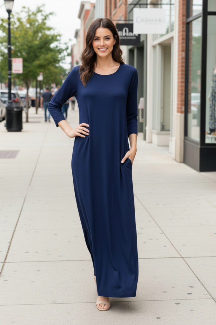 THREE QUARTER SLEEVE ROUND NECK SOLID MAXI DRESS