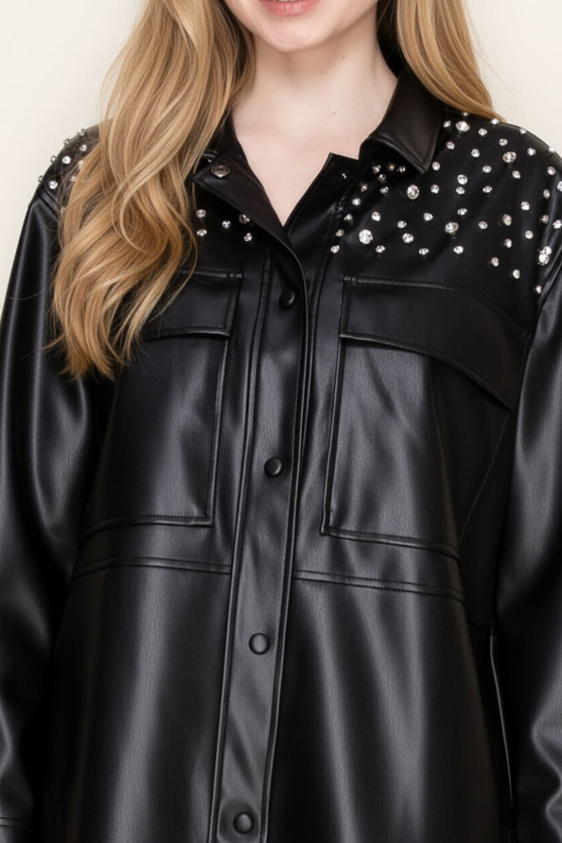 BLACK AND RHINESTONE LONG SLEEVE PU JACKET-WBT10871XL