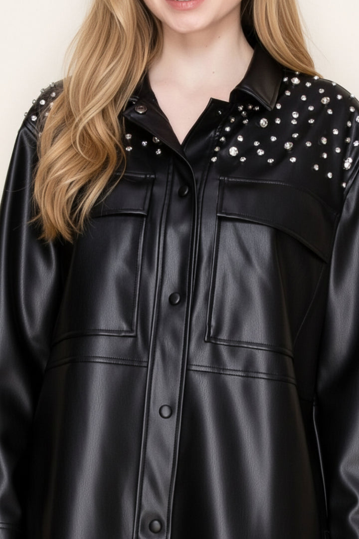 BLACK AND RHINESTONE LONG SLEEVE PU JACKET-WBT10871XL