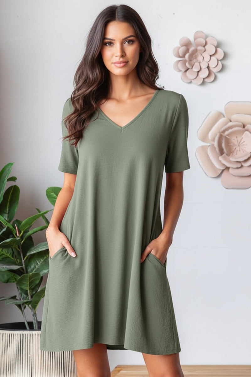 SHORT SLEEVE V NECK SOLID AIRFLOW WOVEN DRESS-HMED6880