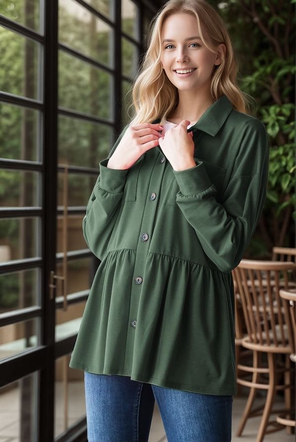 LONG PUFF SLEEVE BASIC COLLAR SOLID BUTTON DOWN JACKET WITH FRONT POCKET AND SHIRRIND DETAIL