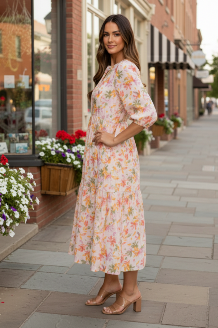 RELAXED FIT ROUND TIE NECK MIDI DRESS SHVL5994-G