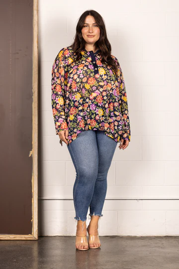 BROWN MANDARIN COLLAR FLORAL PRINT PLUS SIZE TOP T7538
