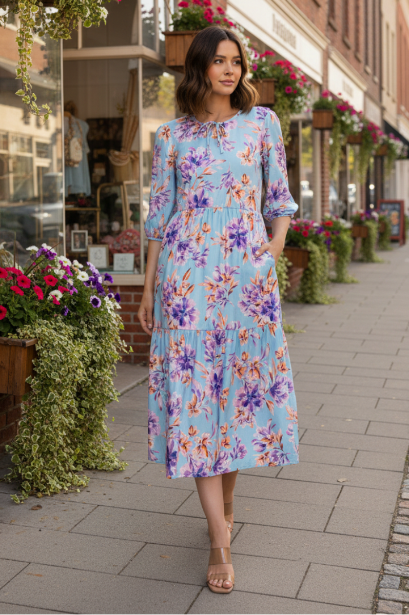FLORAL ELASTIC CUFF 3/4 SLEEVES TIERED MIDI DRESS-SHVL6094-B