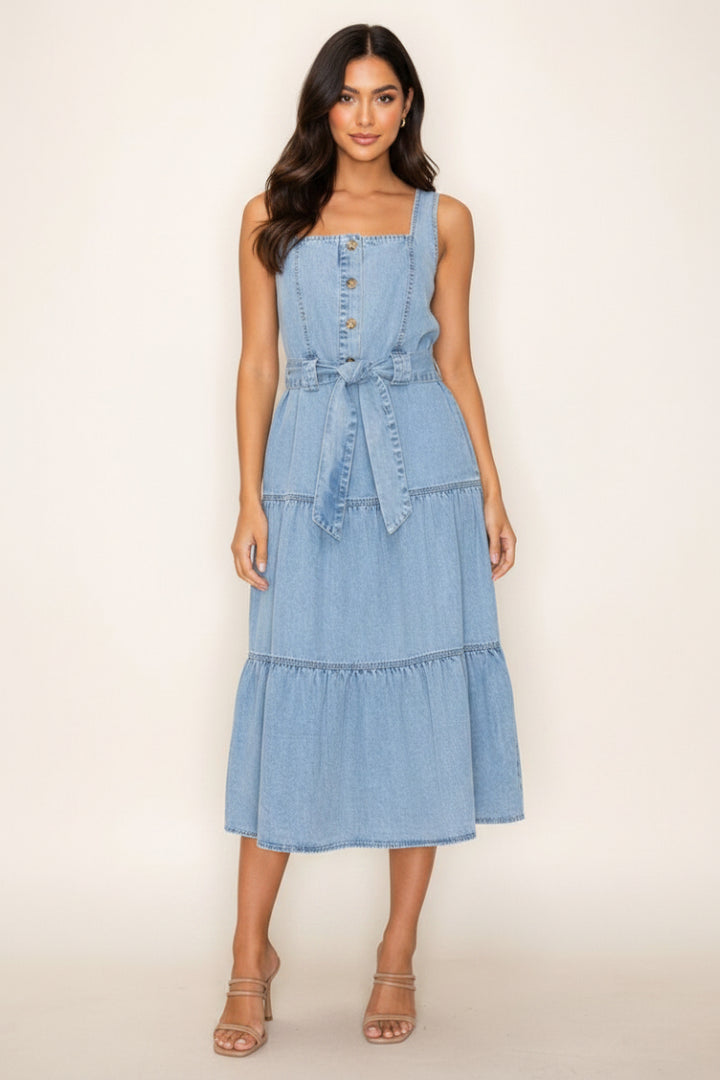 WAIST TIE SQUARE NECK DENIM MIDI DRESS-WBD90762XL