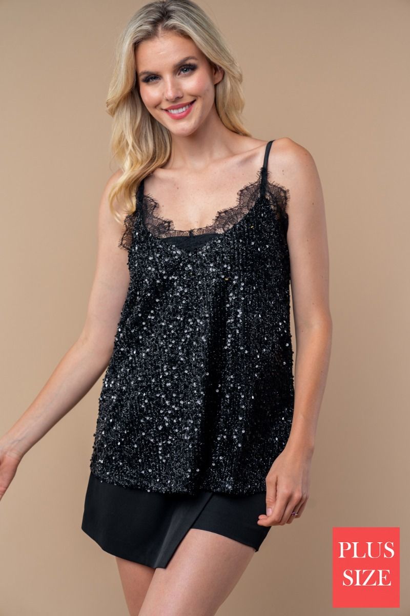 SLEEVELESS SEQUIN PLUS SIZE TOP WITH V-NECK FEATURING LACE