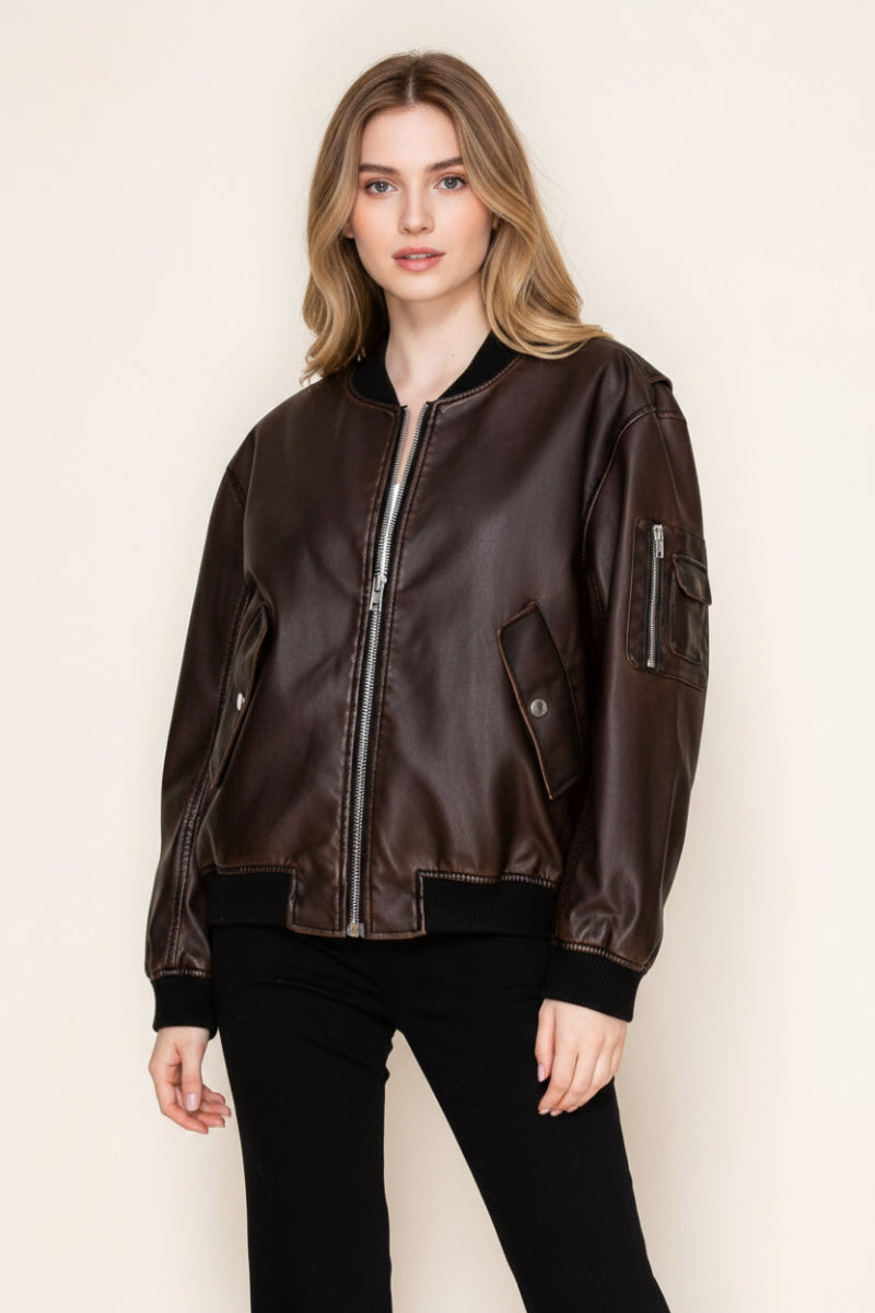LONG SLEEVE SOLID LEATHER JACKET WITH ZIP-UP-WBT11140XL