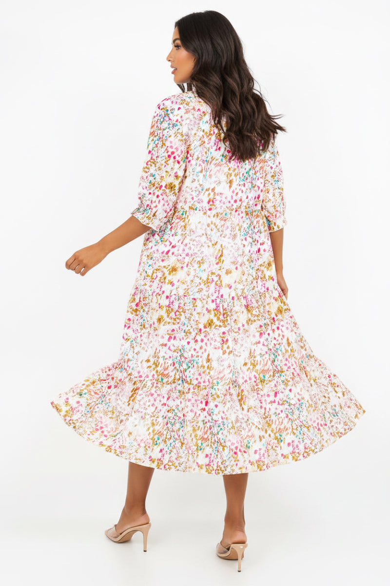 PLUS SIZE TIERED BOHO FLORAL MIDI DRESS 3/4 SLEEVES DETAIL