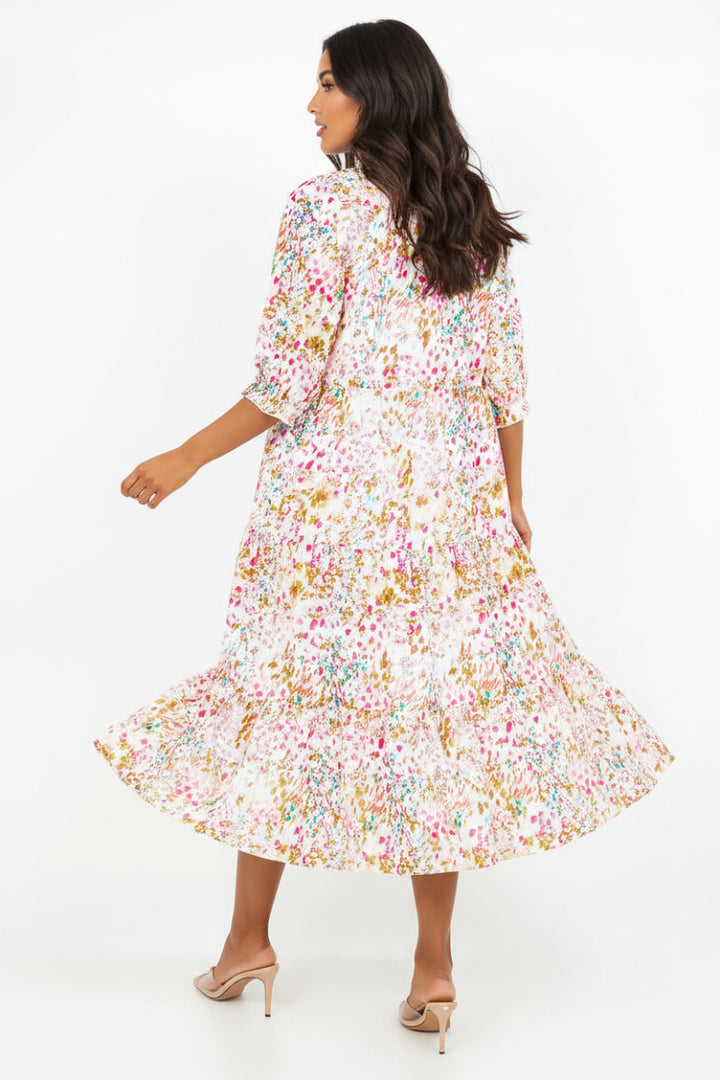 PLUS SIZE TIERED BOHO FLORAL MIDI DRESS 3/4 SLEEVES DETAIL