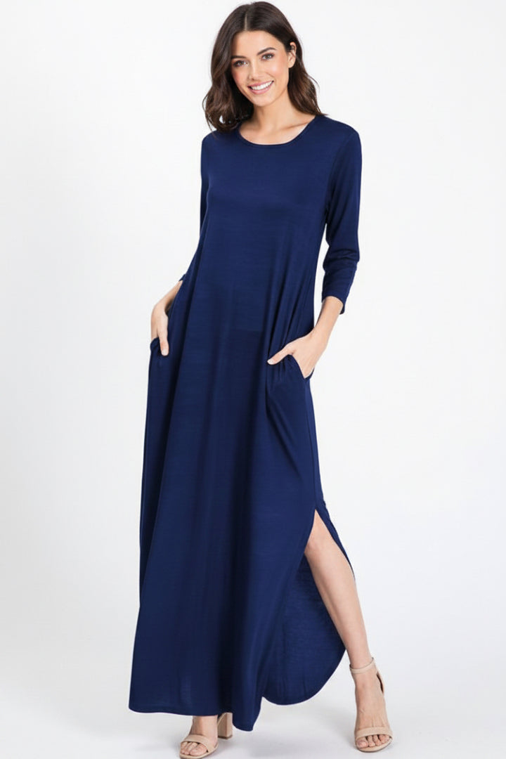 THREE QUARTER SLEEVE ROUND NECK SOLID MAXI DRESS