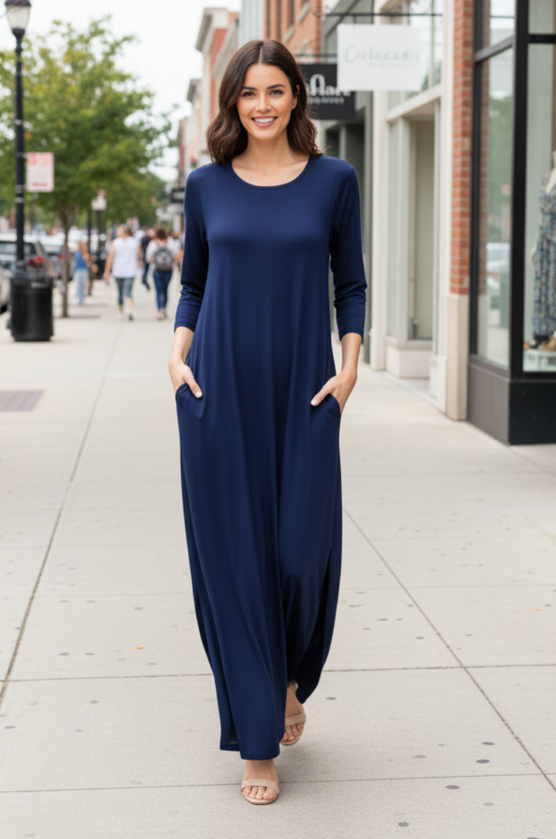 THREE QUARTER SLEEVE ROUND NECK SOLID MAXI DRESS