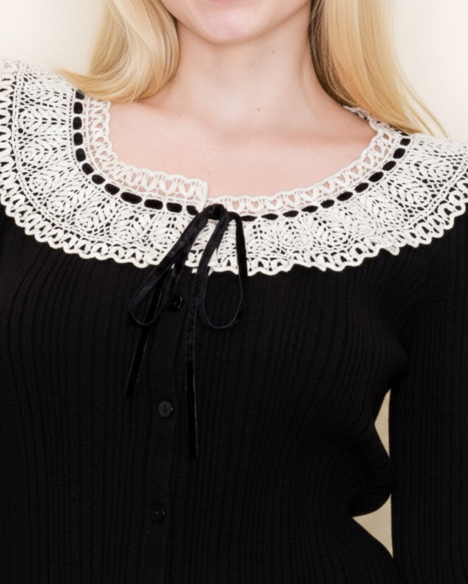 BLACK LONG SLEEVE LACE YOKE DETAIL TOP WBT10999XL
