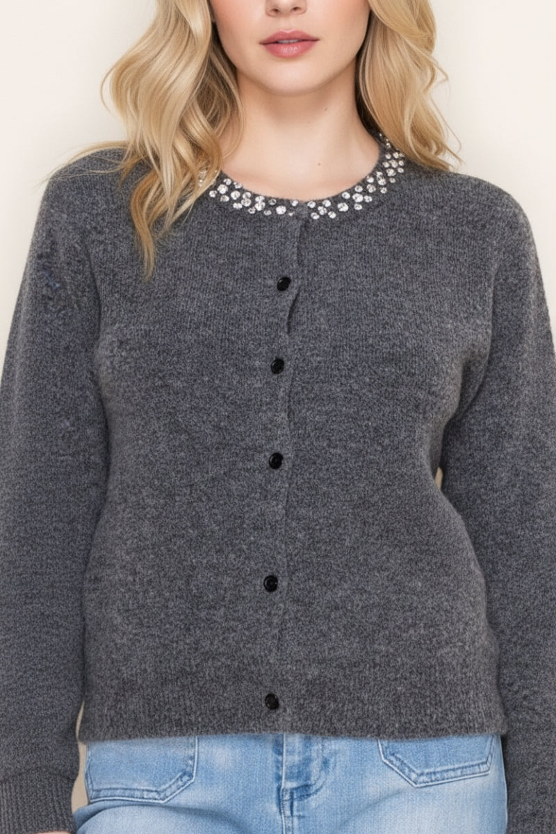 BUTTON DOWN FRONT FEATURING JEWEL NECKLINE TOP-WBT10953XL
