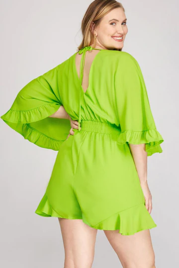RUFFLED DOLMAN SLEEVES ELASTIC WAIST WOVEN PLUS SIZE ROMPER